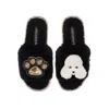 Laines London Women's Teddy Towelling Slipper Sliders With Pearl The Poodle & Paw Brooches - Black In Black