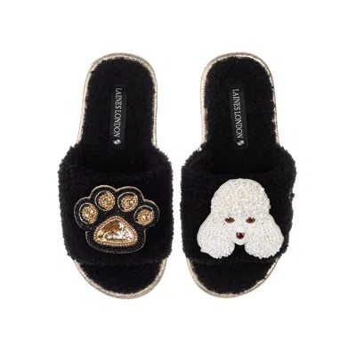 Laines London Women's Teddy Towelling Slipper Sliders With Pearl The Poodle & Paw Brooches - Black