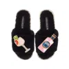 Laines London Women's Teddy Towelling Slipper Sliders With Pink Rosa & Grapefruit Gin Brooches - Black In Black