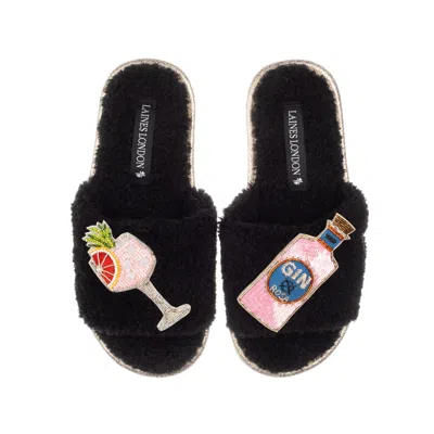 Laines London Women's Teddy Towelling Slipper Sliders With Pink Rosa & Grapefruit Gin Brooches - Black