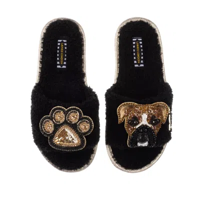 Laines London Women's Teddy Towelling Slipper Sliders With Pip The Boxer & Paw Brooches - Black