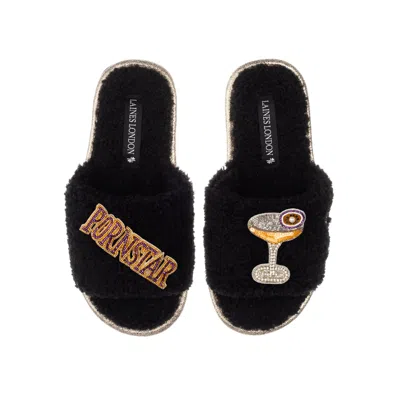 Laines London Women's Teddy Towelling Slipper Sliders With Porn Star Martini Brooches - Black