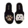 Laines London Women's Teddy Towelling Slipper Sliders With Queenie & Paw Brooch - Black In Black