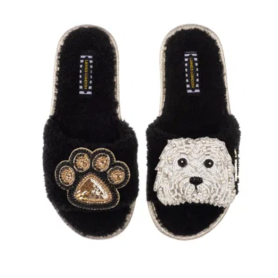 Laines London Women's Teddy Towelling Slipper Sliders With Queenie & Paw Brooch - Black