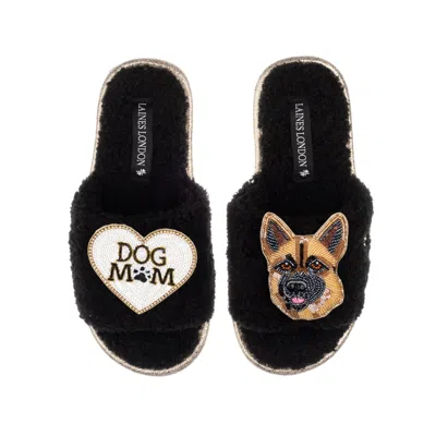 Laines London Women's Teddy Towelling Slipper Sliders With Roxy The German Shepherd & Dog Mum/mom Brooches - Black