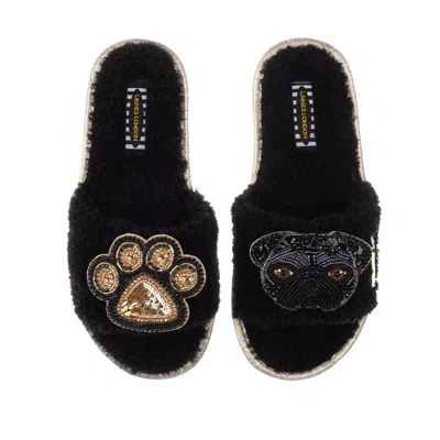 Laines London Women's Teddy Towelling Slipper Sliders With Snoopy & Paw Brooch - Black
