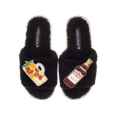 Laines London Women's Teddy Towelling Slipper Sliders With Summer Punch Brooches - Black