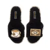 Laines London Women's Teddy Towelling Slipper Sliders With Tea & Biscuit Brooches - Black In Black