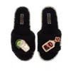Laines London Women's Teddy Towelling Slipper Sliders With Tequila Slammer Brooches - Black In Black