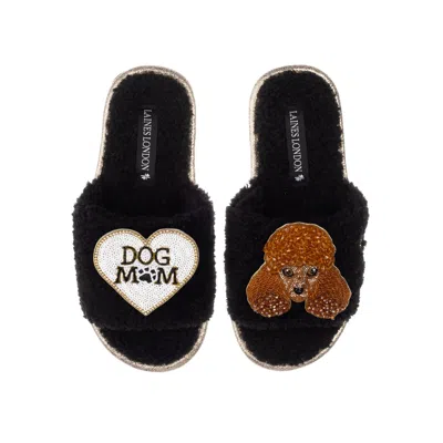 Laines London Women's Teddy Towelling Slipper Sliders With Tutu The Poodle & Dog Mum / Mom Brooches - Black