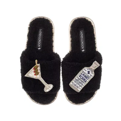 Laines London Women's Teddy Towelling Slipper Sliders With Vodka Martini Brooches - Black