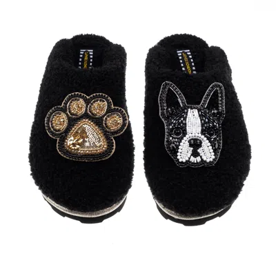 Laines London Women's Towelling Closed Toe Slippers With Buddy Boston Terrier & Paw Brooches - Black