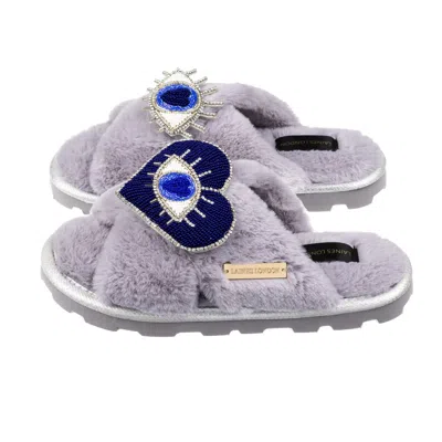Laines London Women's Ultralight Chic Laines Slipper Sliders With Blue & Silver Double Eye Brooches - Grey
