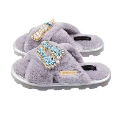 Laines London Women's Ultralight Chic Laines Slipper Sliders With New Baby Boy Brooches - Grey