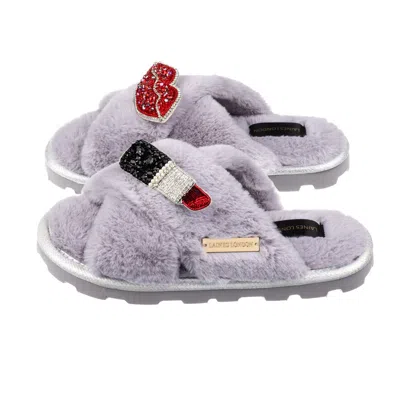 Laines London Women's Ultralight Chic Laines Slipper Sliders With Red & Silver Pucker Up Brooches - Grey