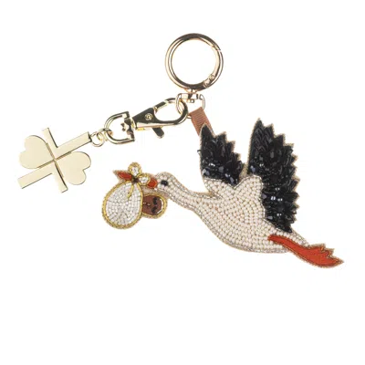 Laines London Women's White / Black / Gold New Baby Stork Hand-beaded Bag Charm - Dark Skin In White/black/gold