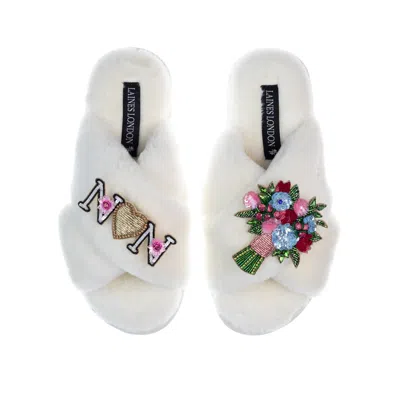 Laines London Women's White Classic Laines Mother's Day Slippers With Floral Bouquet & Nan Brooches - Cream
