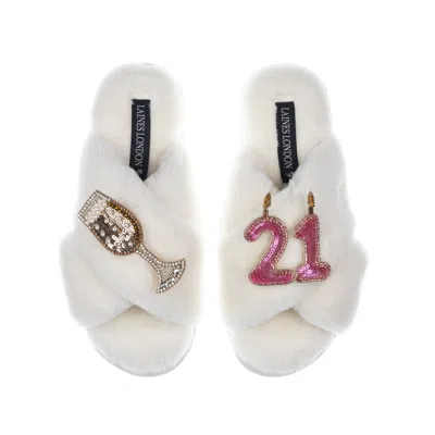 Laines London Women's White Classic Laines Slippers With 21st Birthday & Champagne Glass Brooches - Cream
