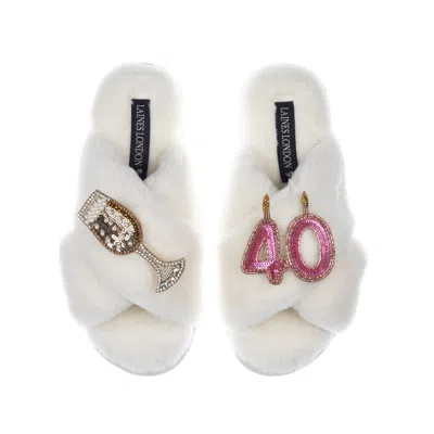 Laines London Women's White Classic Laines Slippers With 40th Birthday & Champagne Glass Brooches - Cream