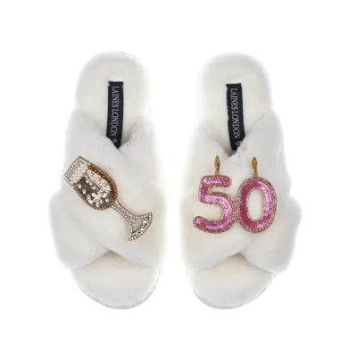 Laines London Women's White Classic Laines Slippers With 50th Birthday & Champagne Glass Brooches - Cream