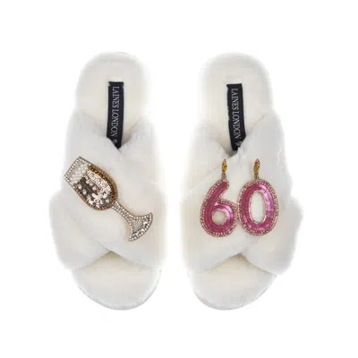 Laines London Women's White Classic Laines Slippers With 60th Birthday & Champagne Glass Brooches - Cream