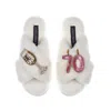 Laines London Women's White Classic Laines Slippers With 70th Birthday & Champagne Glass Brooches - Cream In White