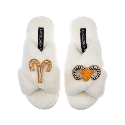 Laines London Women's White Classic Laines Slippers With Aries Zodiac Brooches - Cream