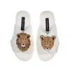 Laines London Women's White Classic Laines Slippers With Artisan Lion & Lioness Brooches - Cream In White
