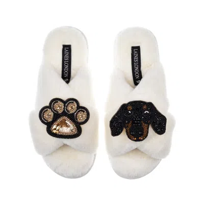 Laines London Women's White Classic Laines Slippers With Artisan Little Sausage & Paw Brooches - Cream