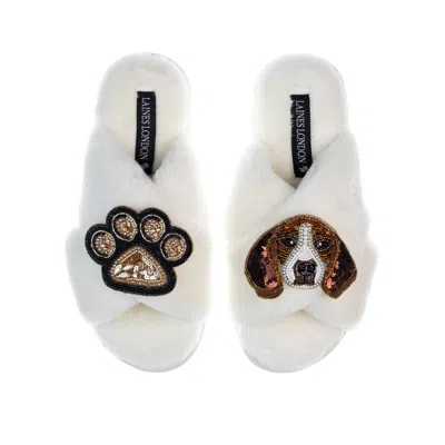 Laines London Women's White Classic Laines Slippers With Beagle & Paw Brooches - Cream In Multi