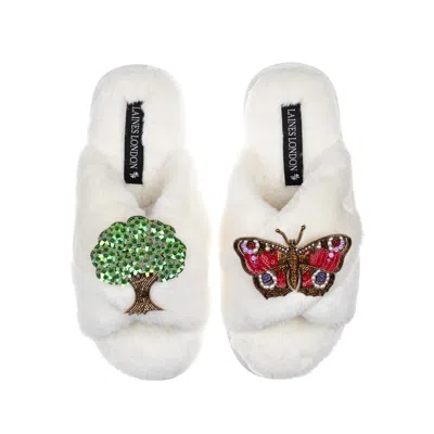 Laines London Women's White Classic Laines Slippers With Butterfly & Oak Tree Brooches - Cream