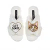 Laines London Women's White Classic Laines Slippers With Cat Mum / Mom & Tabby Cat Brooches - Cream In White