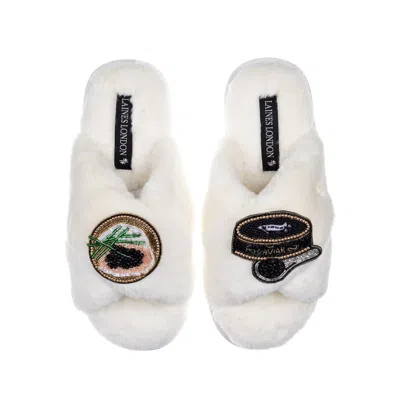 Laines London Women's White Classic Laines Slippers With Caviar & Blini Brooches - Cream