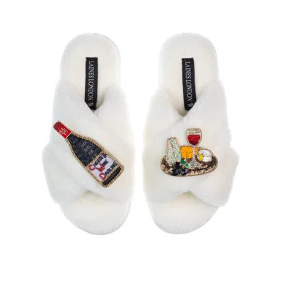 Laines London Women's White Classic Laines Slippers With Cheese & Red Wine Brooches - Cream
