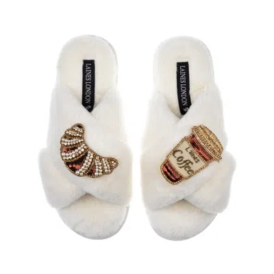 Laines London Women's White Classic Laines Slippers With Coffee Cup & Croissant Brooches - Cream