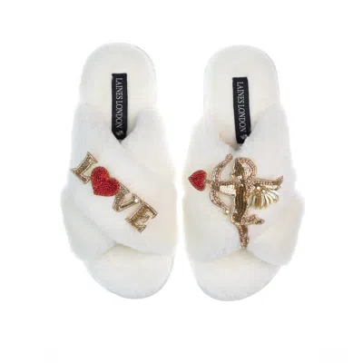Laines London Women's White Classic Laines Slippers With Cupids Bow & Love Brooches - Cream