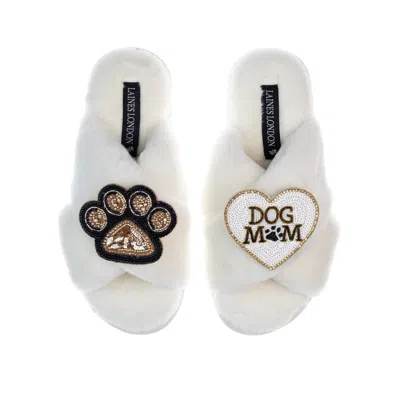 Laines London Women's White Classic Laines Slippers With Dog Mum / Mom & Paw Brooches - Cream
