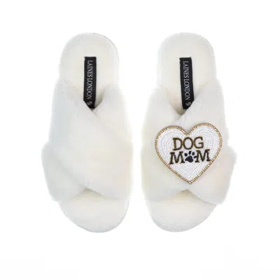 Laines London Women's White Classic Laines Slippers With Dog Mum / Mom Brooch - Cream