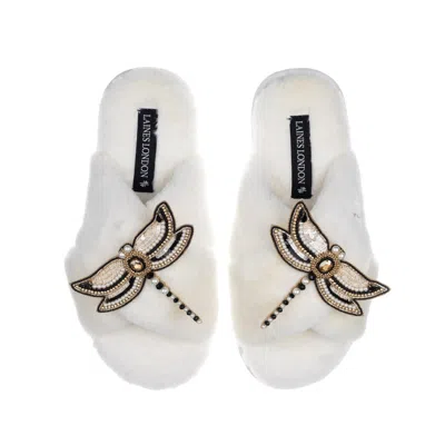 Laines London Women's White Classic Laines Slippers With Double Dragonfly Brooches - Cream