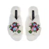 Laines London Women's White Classic Laines Slippers With Double Floral Bouquet Brooches - Cream In White