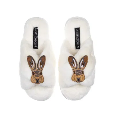 Laines London Women's White Classic Laines Slippers With Double Hare Brooches - Cream