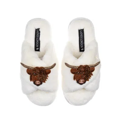 Laines London Women's White Classic Laines Slippers With Double Highland Cow Brooches - Cream