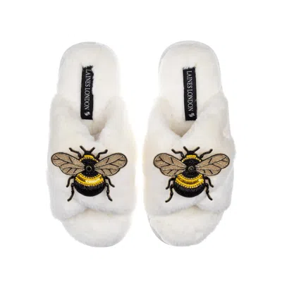Laines London Women's White Classic Laines Slippers With Double Honey Bee Brooches - Cream