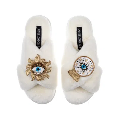 Laines London Women's White Classic Laines Slippers With Double Mystic Eye Brooches - Cream