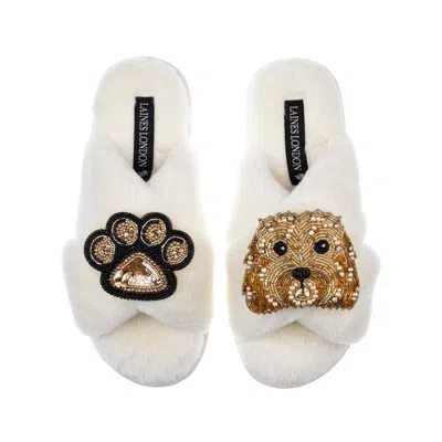 Laines London Women's White Classic Laines Slippers With Enki Doo & Paw Brooches - Cream