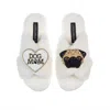 Laines London Women's White Classic Laines Slippers With Franki Pug & Dog Mum / Mom Brooches - Cream In White