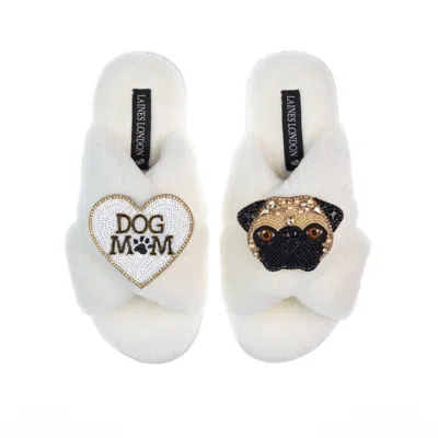 Laines London Women's White Classic Laines Slippers With Franki Pug & Dog Mum / Mom Brooches - Cream