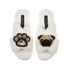 Laines London Women's White Classic Laines Slippers With Franki Pug & Paw Brooches - Cream In White