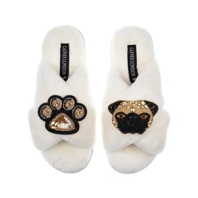 Laines London Women's White Classic Laines Slippers With Franki Pug & Paw Brooches - Cream