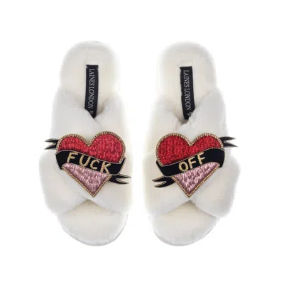 Laines London Women's White Classic Laines Slippers With Fuck Off Brooches - Cream